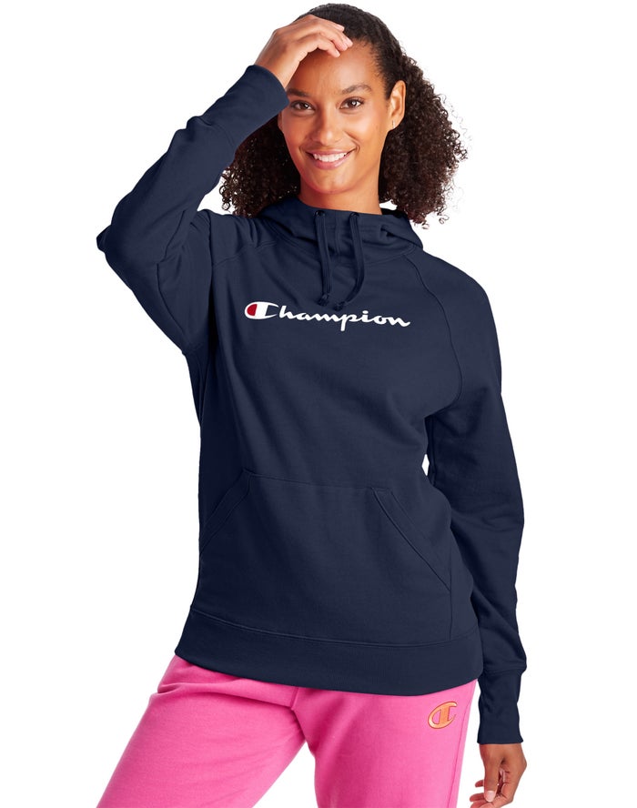 Champion Powerblend Fleece Script Logo Hoodie Dames - Donkerblauw - Belgie 3685CZNGV